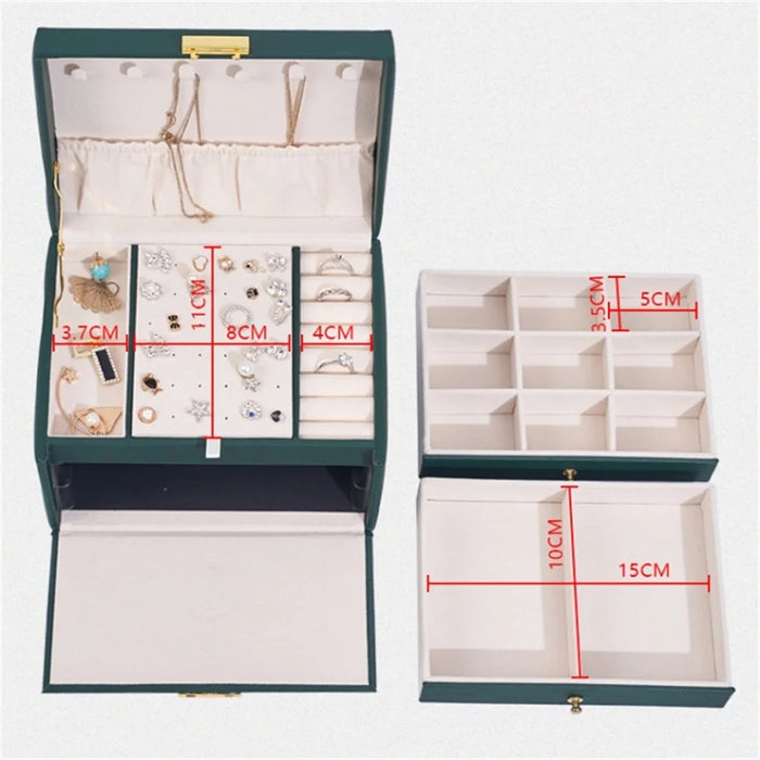 Three Layers Jewelry Box PU Leather Necklace Earring Rings Storage Case with Lock, 17x14x13cm - Pink - 6