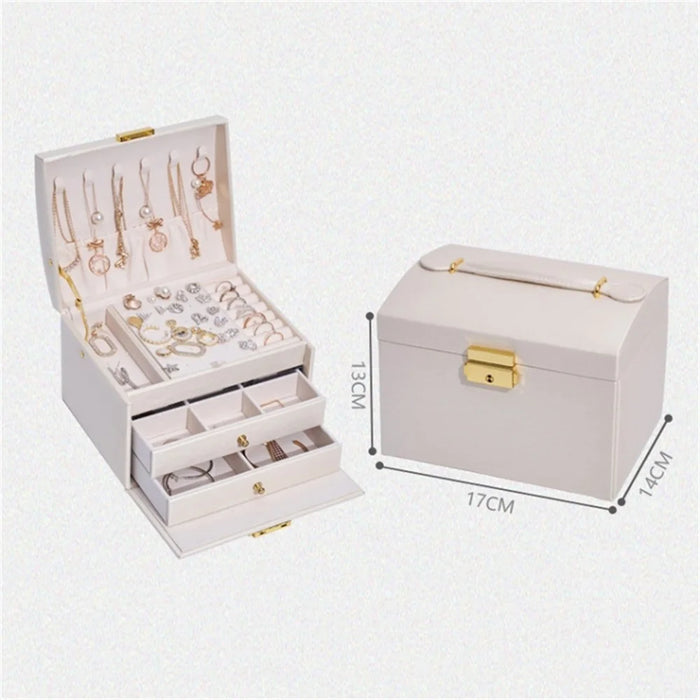 Three Layers Jewelry Box PU Leather Necklace Earring Rings Storage Case with Lock, 17x14x13cm - Pink - 7