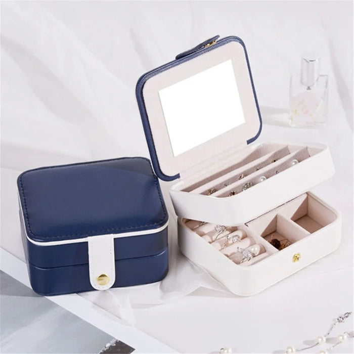 PU Leather Portable Travel Jewelry Storage Box Double Layer Ring Earrings Organizer Case with Mirror - Dark Blue - 2