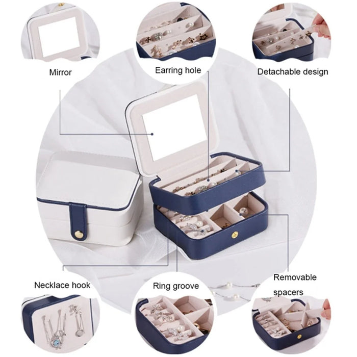 PU Leather Portable Travel Jewelry Storage Box Double Layer Ring Earrings Organizer Case with Mirror - Dark Blue - 3