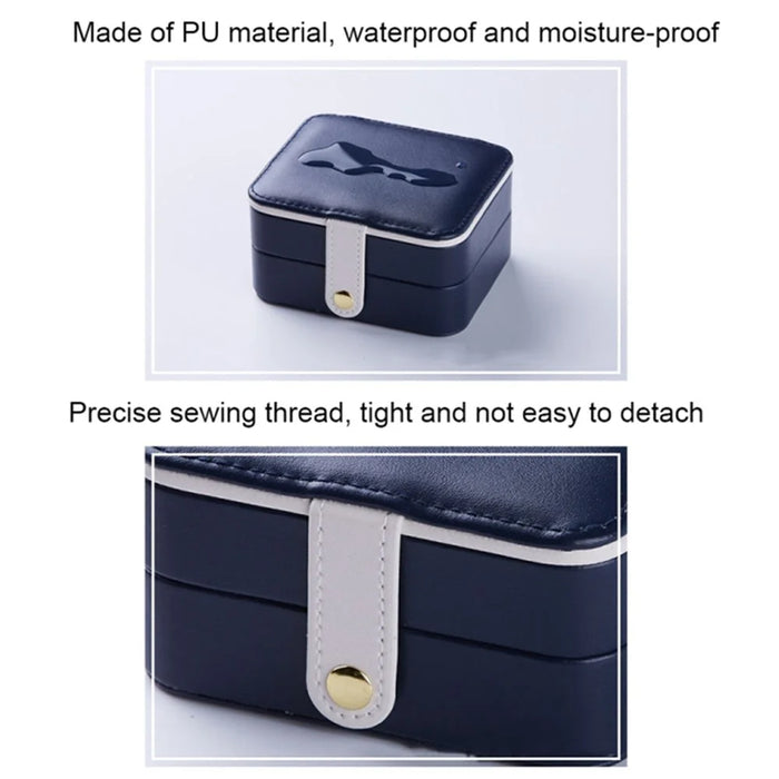 PU Leather Portable Travel Jewelry Storage Box Double Layer Ring Earrings Organizer Case with Mirror - Dark Blue - 4