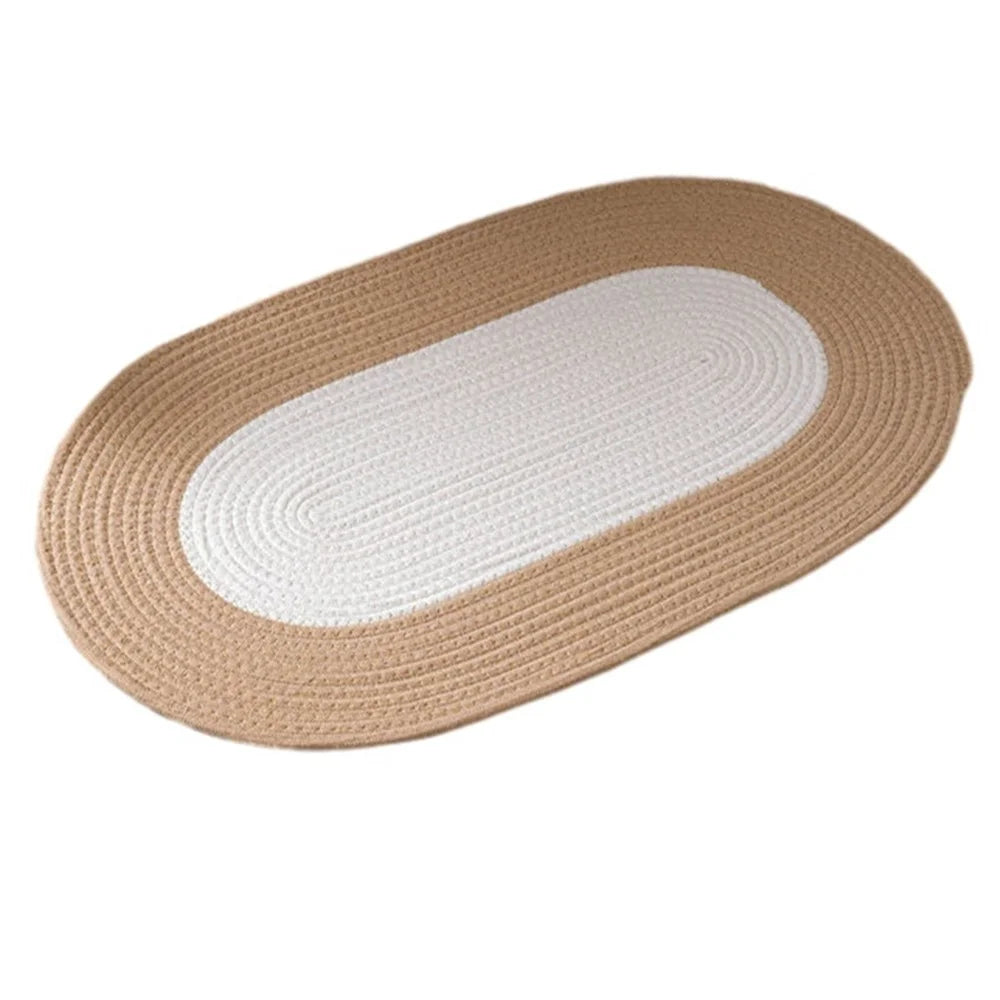 Oval Braided Woven Carpet Cotton Rope Floor Mat Doormat Home Decor for Entryway Bathroom Bedside - White+Khaki - 1