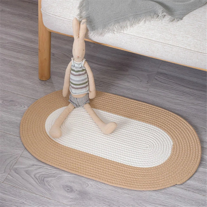 Oval Braided Woven Carpet Cotton Rope Floor Mat Doormat Home Decor for Entryway Bathroom Bedside - White+Khaki - 3
