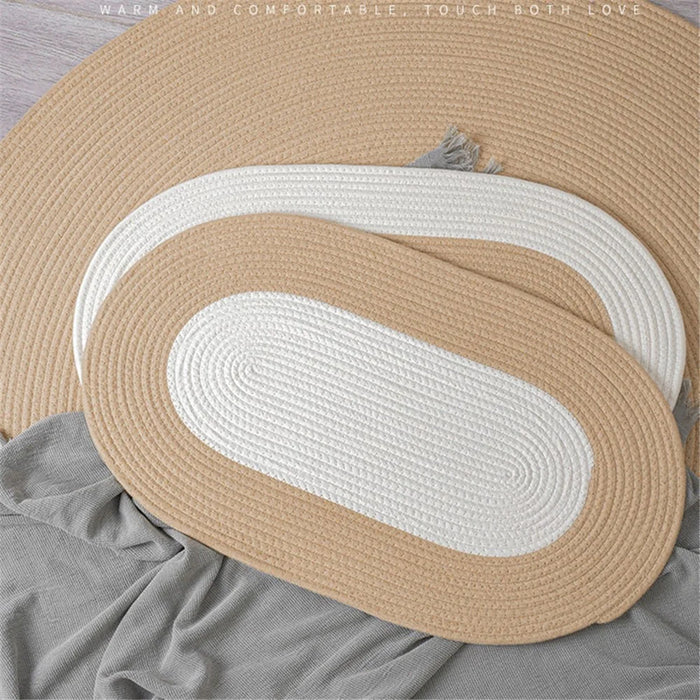 Oval Braided Woven Carpet Cotton Rope Floor Mat Doormat Home Decor for Entryway Bathroom Bedside - White+Khaki - 4