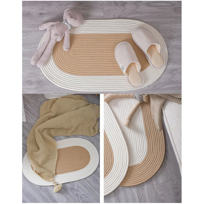 Oval Braided Woven Carpet Cotton Rope Floor Mat Doormat Home Decor for Entryway Bathroom Bedside - White+Khaki - 6