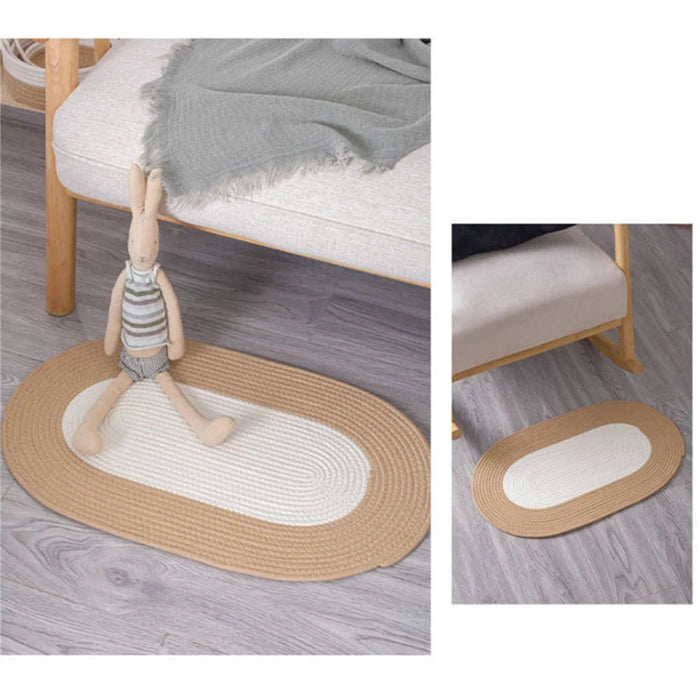 Oval Braided Woven Carpet Cotton Rope Floor Mat Doormat Home Decor for Entryway Bathroom Bedside - White+Khaki - 7