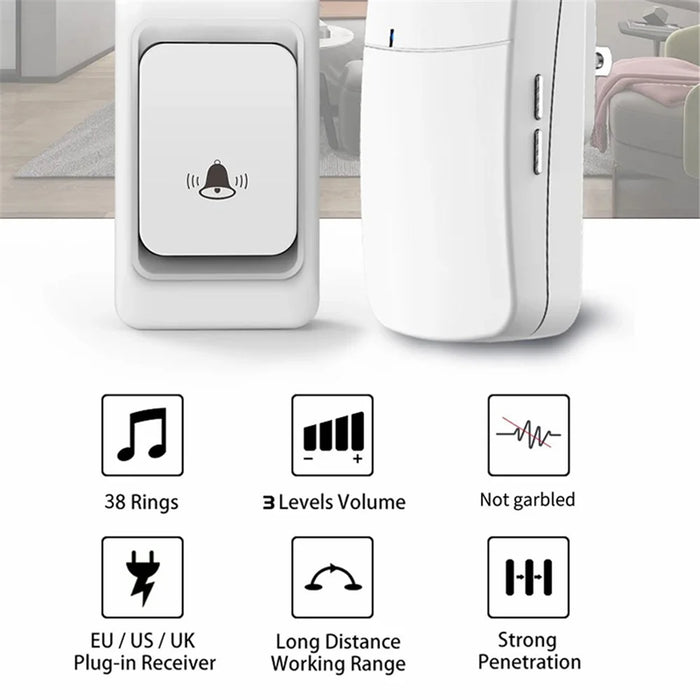 WHM07 Wireless Electronic Remote Digital Doorbell Set Receiver + Transmitter Home Door Bell, EU Plug - White - 2