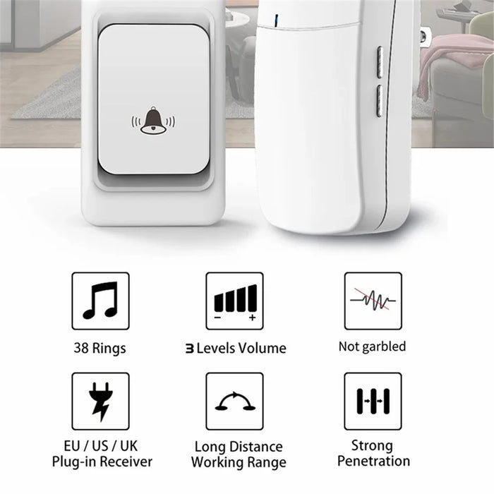 WHM07 Wireless Doorbell Set Receiver + Transmitter Electronic Remote Door Bell, US Plug - White - 2