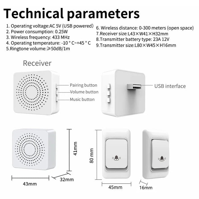 WHM06 USB Powered Wireless Doorbell Home Door Bell Kit (1 Transmitter+2 Receivers) - 6