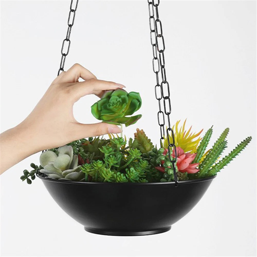 001-DL-01 Iron Hanging Flower Pot Indoor Outdoor Balcony Potted Plant Display Basket - Black - 3