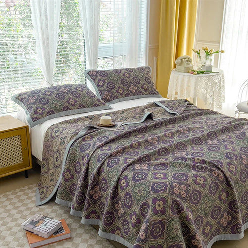 K-80 150x200±2cm Retro Printed Throw Blanket Cotton Towel Quilt with 2 Pillowcases - Style A / Purple - 1