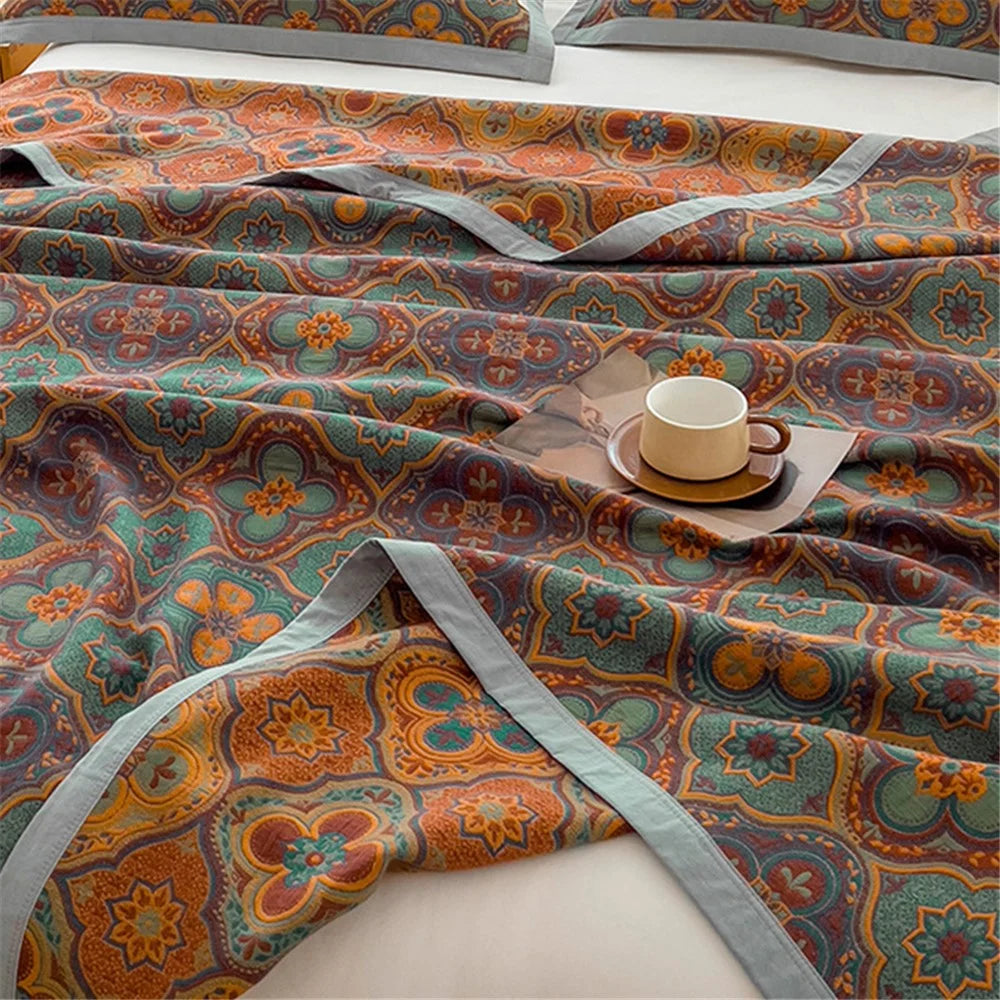 K-80 150x200±2cm Retro Printed Throw Blanket Cotton Towel Quilt with 2 Pillowcases - Style A / Purple - 3