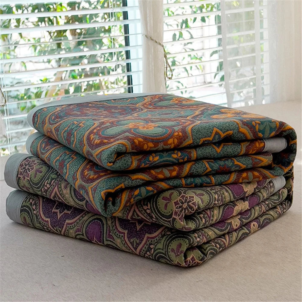 K-80 150x200±2cm Retro Printed Throw Blanket Cotton Towel Quilt with 2 Pillowcases - Style A / Purple - 5