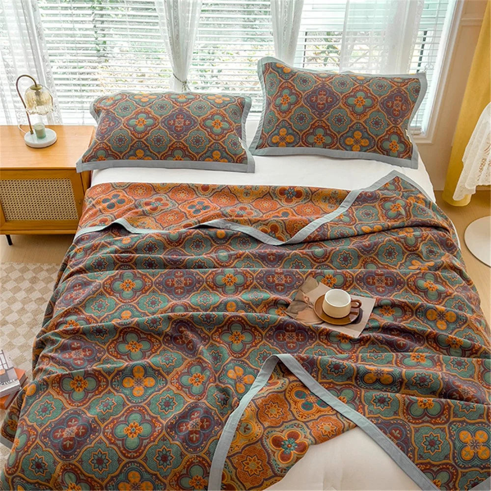 K-80 150x200±2cm Retro Printed Throw Blanket Cotton Towel Quilt with 2 Pillowcases - Style A / Purple - 6