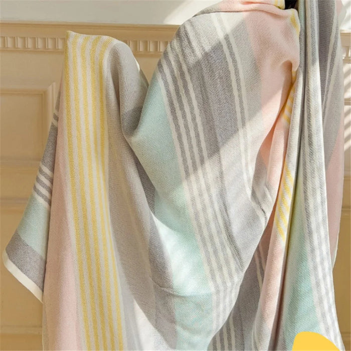 150x200cm Multi-layer Yarn Jacquard Mesh Towel Quilt Summer Thin Quilt Blanket- Colorful Stripe / Pink - 2