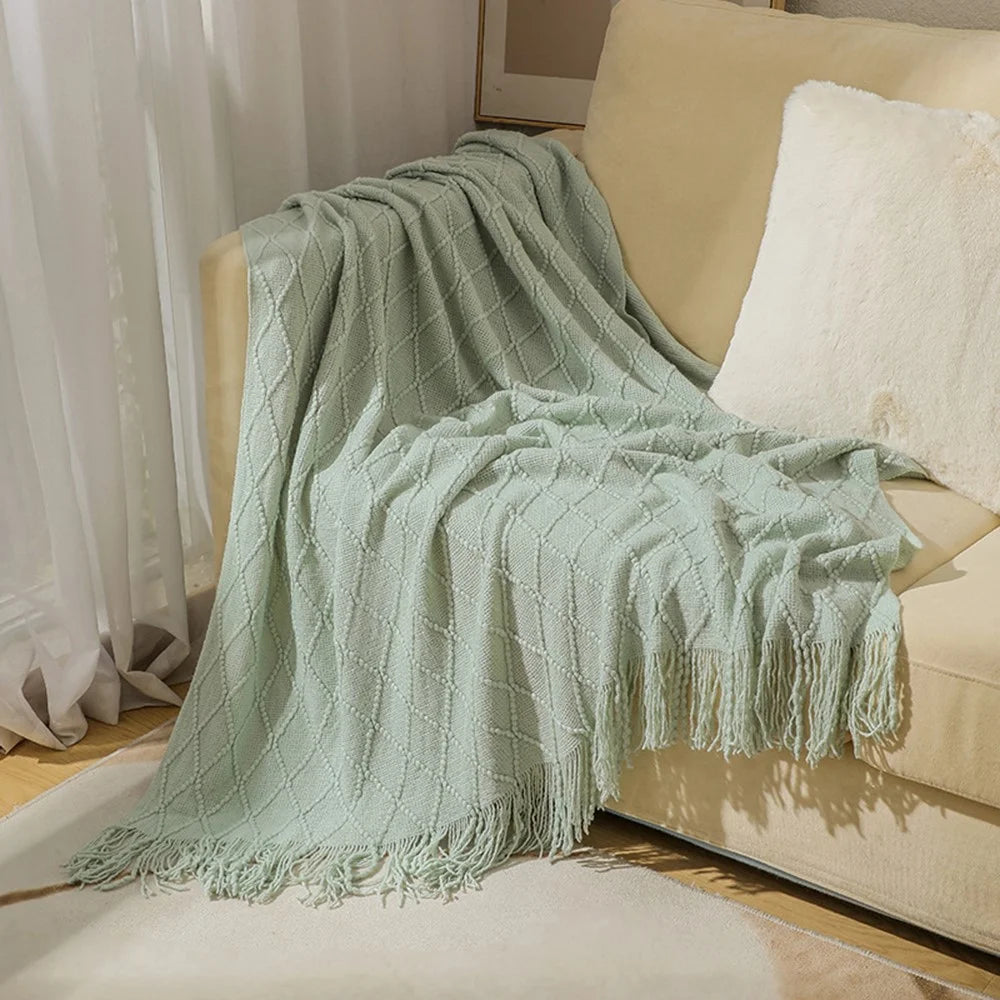 JB014 127x180cm Rhombus Texture Knitted Blanket Sofa Throw Blanket with Tassel - Mint Green - 1