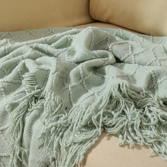 JB014 127x180cm Rhombus Texture Knitted Blanket Sofa Throw Blanket with Tassel - Mint Green - 2