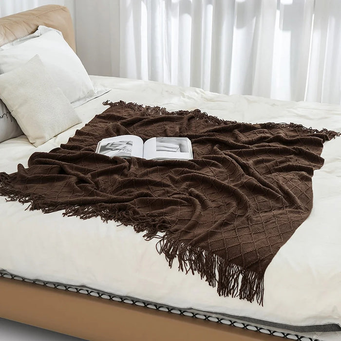 JB014 127x180cm Rhombus Texture Knitted Blanket Sofa Throw Blanket with Tassel - Mint Green - 5