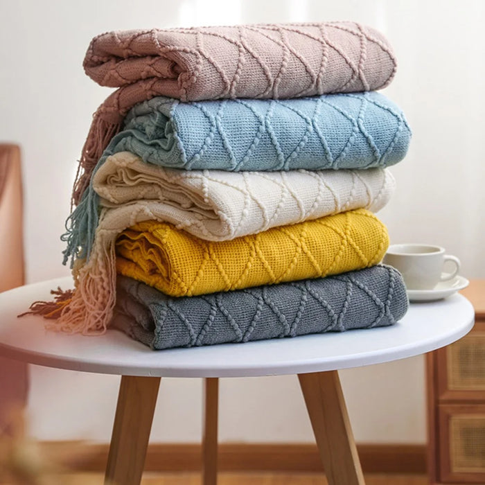 JB014 127x180cm Rhombus Texture Knitted Blanket Sofa Throw Blanket with Tassel - Mint Green - 6