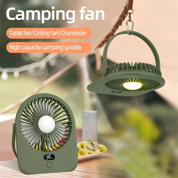 Rechargeable Silent Fan 1-5 Gear Desktop Fan Outdoors Small Camping Night Light - Green - 2