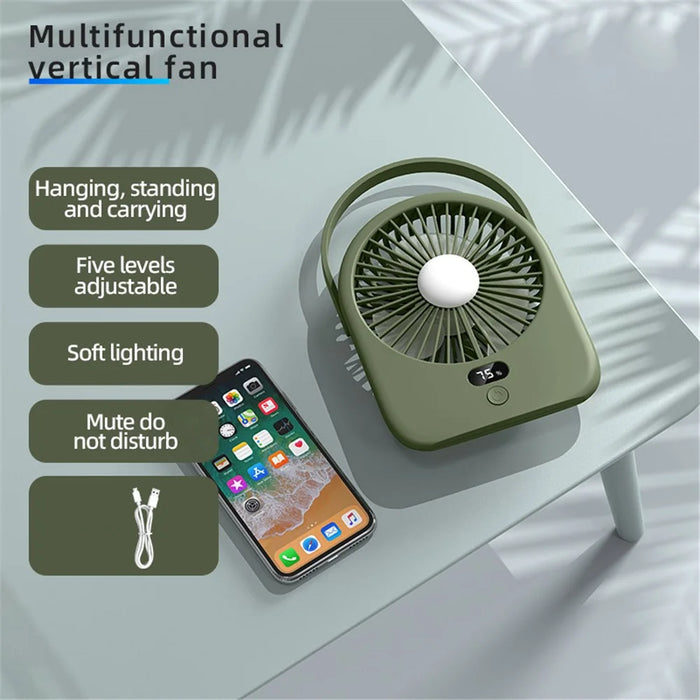 Rechargeable Silent Fan 1-5 Gear Desktop Fan Outdoors Small Camping Night Light - Green - 3
