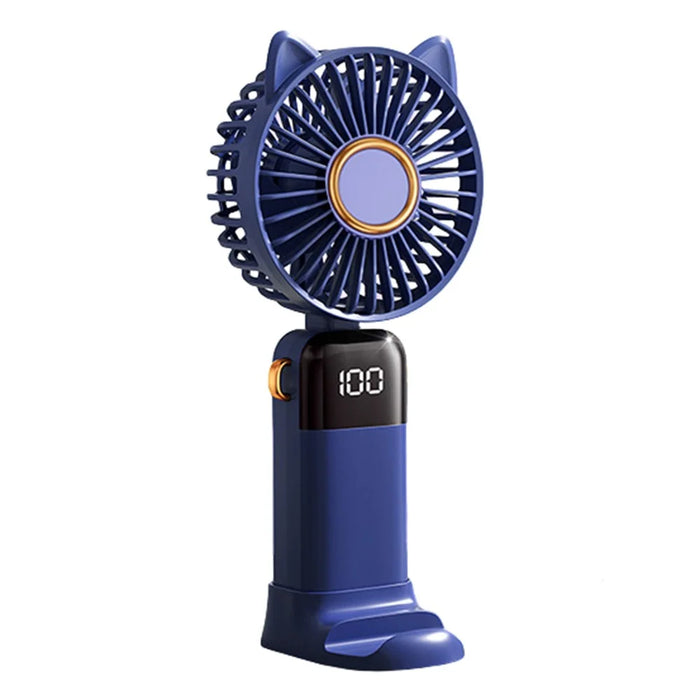 Cartoon Cat Summer Mini Handheld Fan Digital Display Folding Desk Fan with Lanyard - Blue - 1