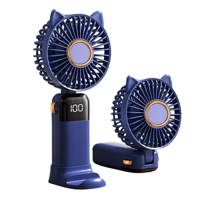 Cartoon Cat Summer Mini Handheld Fan Digital Display Folding Desk Fan with Lanyard - Blue - 2