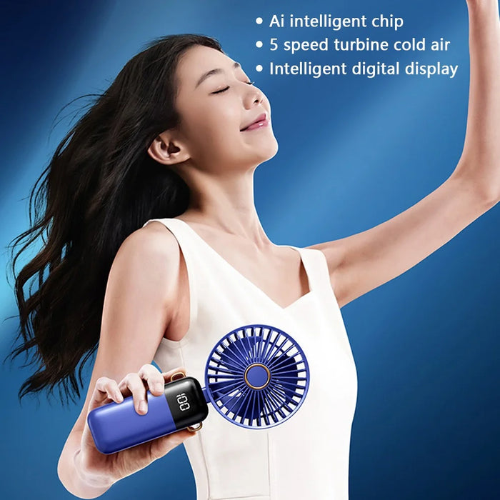 Powerful Handheld Fan with Digital Display 1200mAh 5 Speed Desk Fan USB Charging Cooling Fan - Blue - 6