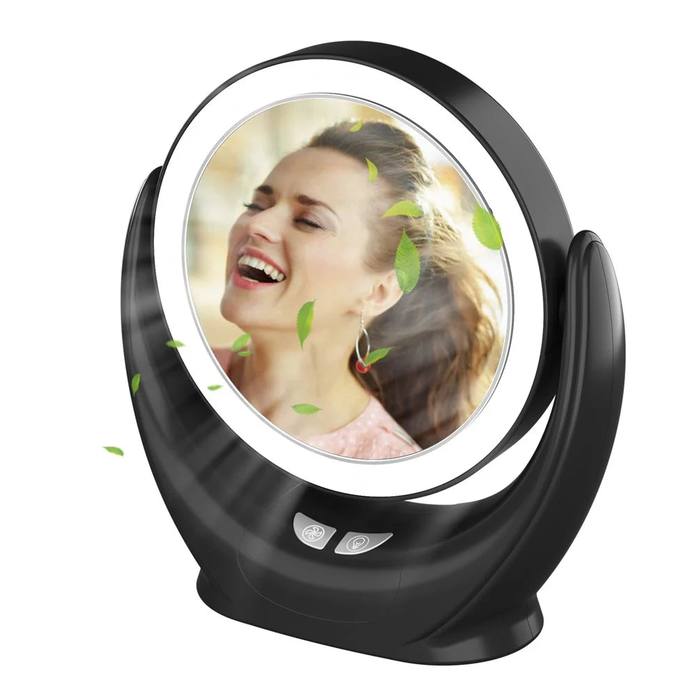 Multifunction Desktop Makeup Mirror with Dimmable LED Fill Light and Fan (No Battery) - Black - 3