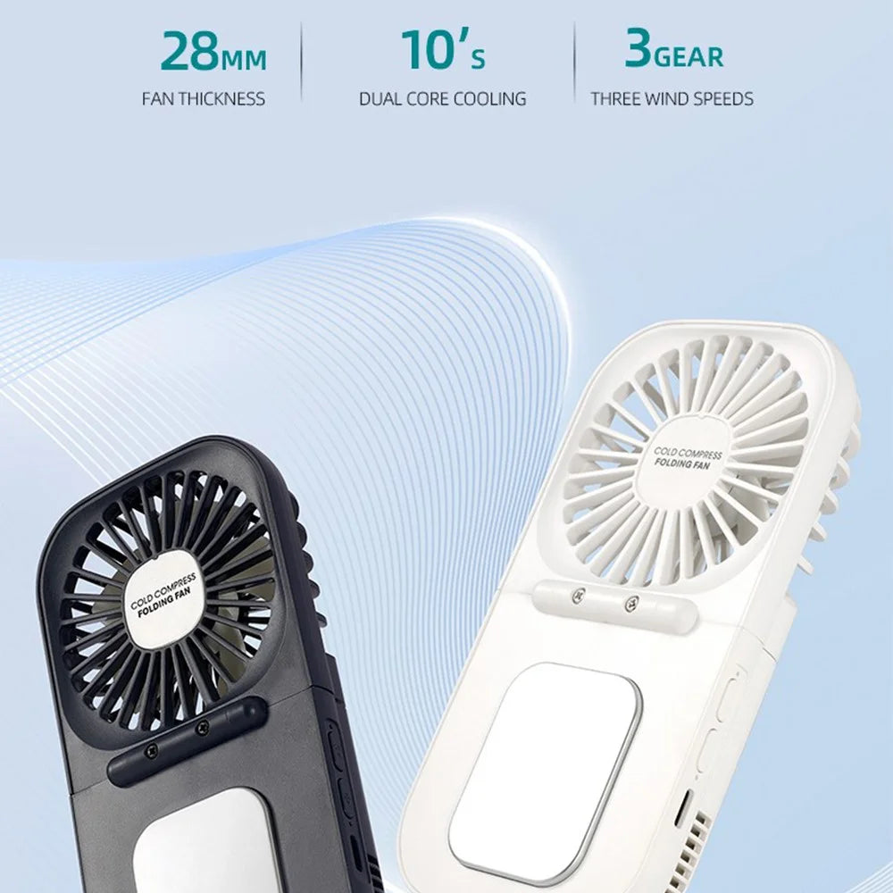 E6 Mini Handheld Neck Hanging Fan Cold Compress Function Foldable Summer Cooling Fan - Dark Blue - 3