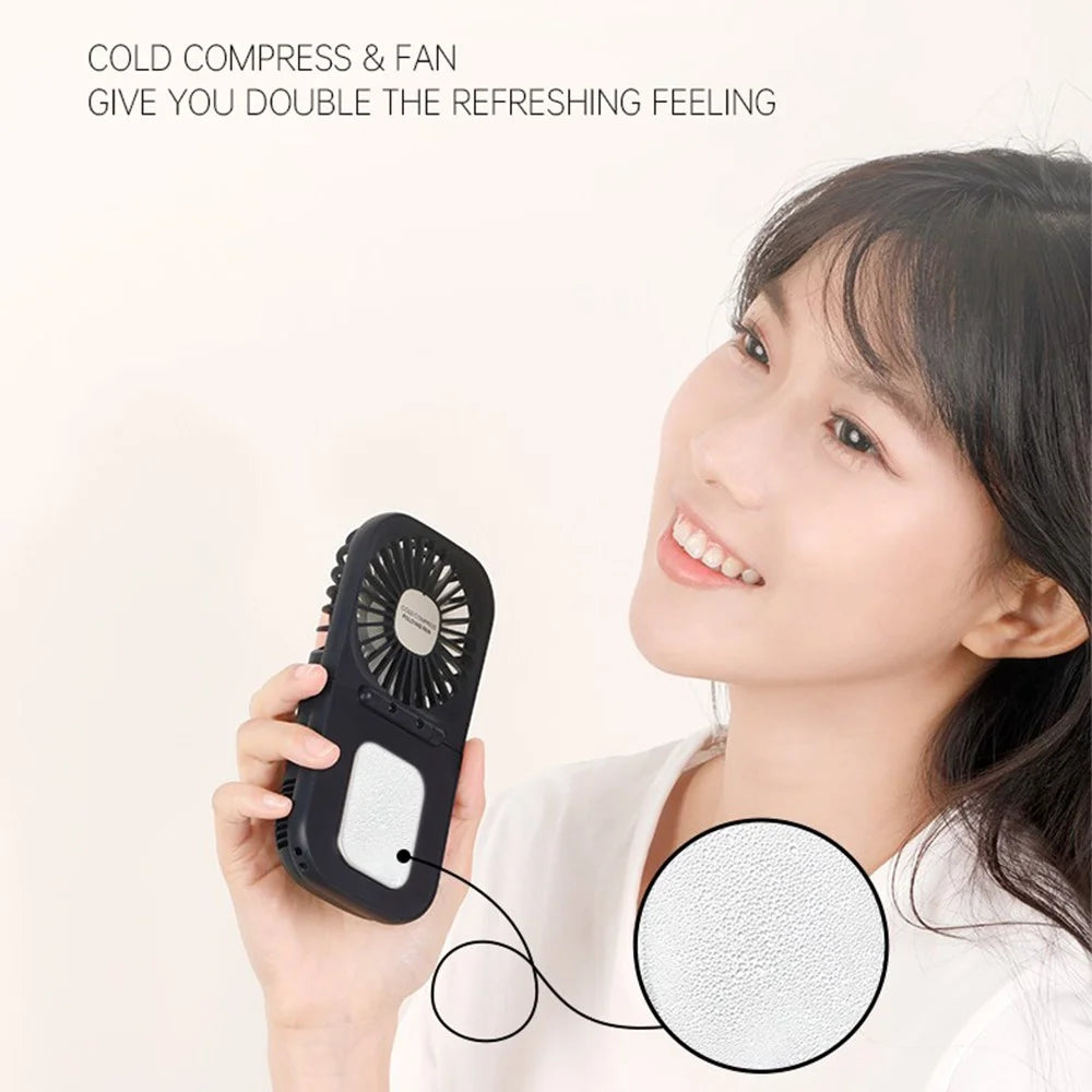 E6 Mini Handheld Neck Hanging Fan Cold Compress Function Foldable Summer Cooling Fan - Dark Blue - 4