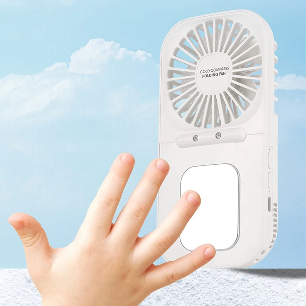 E6 Mini Handheld Neck Hanging Fan Cold Compress Function Foldable Summer Cooling Fan - Dark Blue - 7