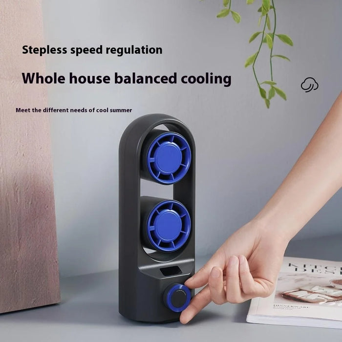 F84 Summer Cooling Fan 100-Gear Adjustable Desktop Dual Turbo Fan Head Cooler - Grey+Blue - 3