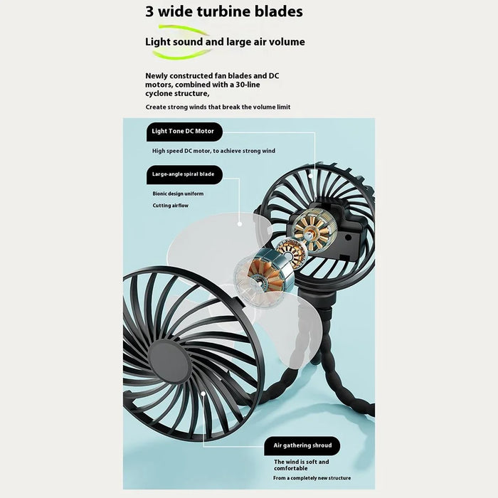 Portable Mini Octopus Fan Baby Stroller USB Rechargeable Flexible Tripod Stand Folding Fan - Black - 7