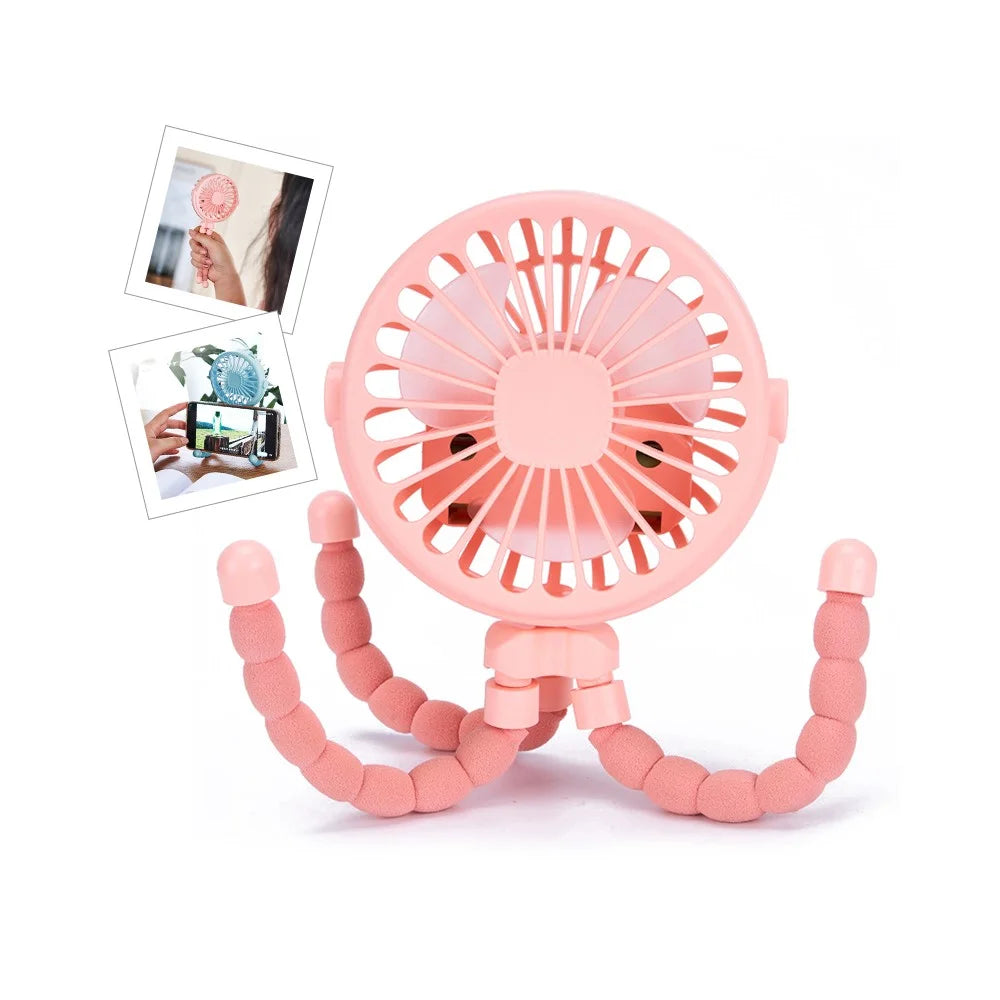 Portable Baby Stroller Octopus Fan USB Rechargeable Flexible Legs 3 Wind Speed Summer Cooling Fan - Pink - 2