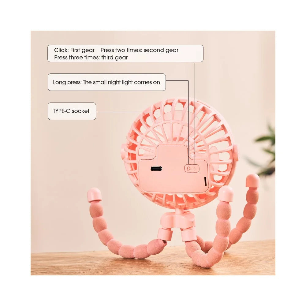 Portable Baby Stroller Octopus Fan USB Rechargeable Flexible Legs 3 Wind Speed Summer Cooling Fan - Pink - 7