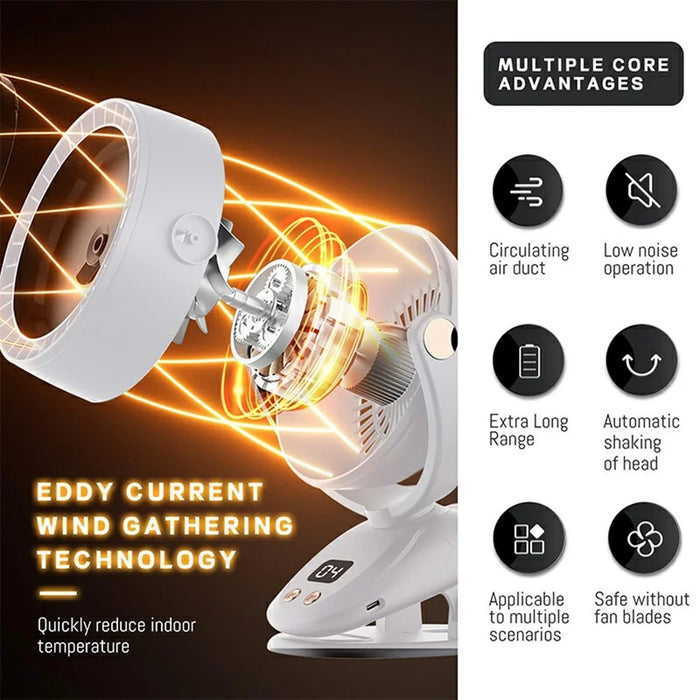 6 Gears Adjustable Clip On Bladeless Fan Rechargeable Desktop Fan ( Built In 3600mAh Battery ) - Milky White - 2