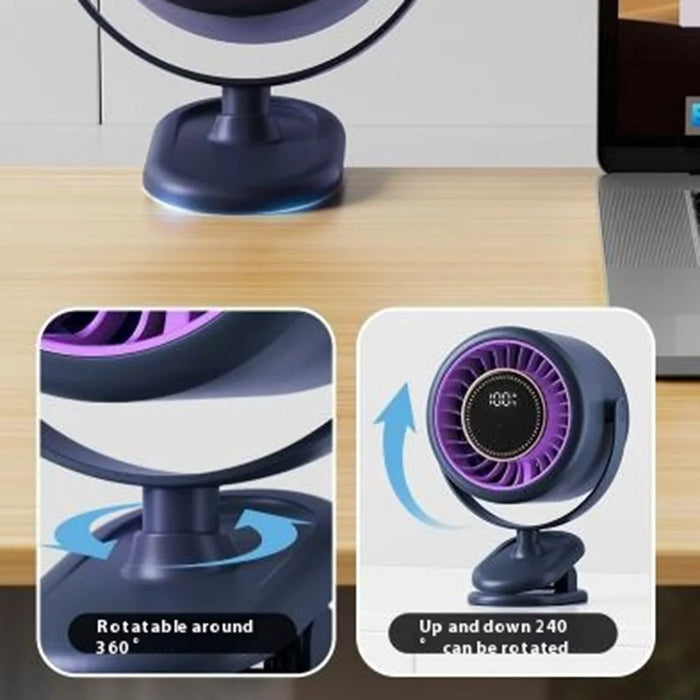 T30 Portable Desktop Fan 3600mAh USB Rechargeable Digital Display Clip-On Personal Fan 6 Speeds - Blue - 3