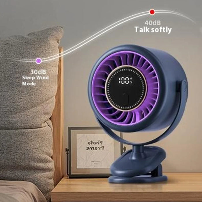 T30 Portable Desktop Fan 3600mAh USB Rechargeable Digital Display Clip-On Personal Fan 6 Speeds - Blue - 6