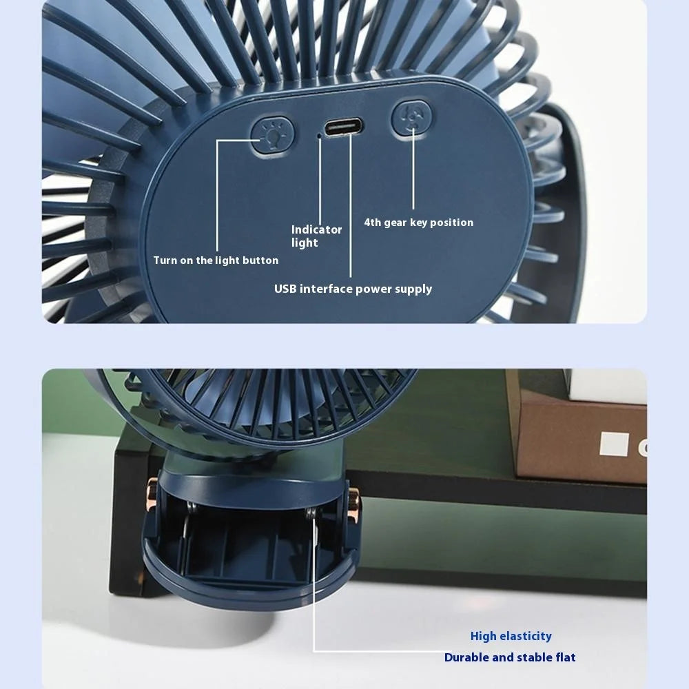 6 Inch Desk Fan with Ambient Light 1200mAh 3 Speeds Adjustable Clip Fan for Dorm Office - Navy Blue - 4