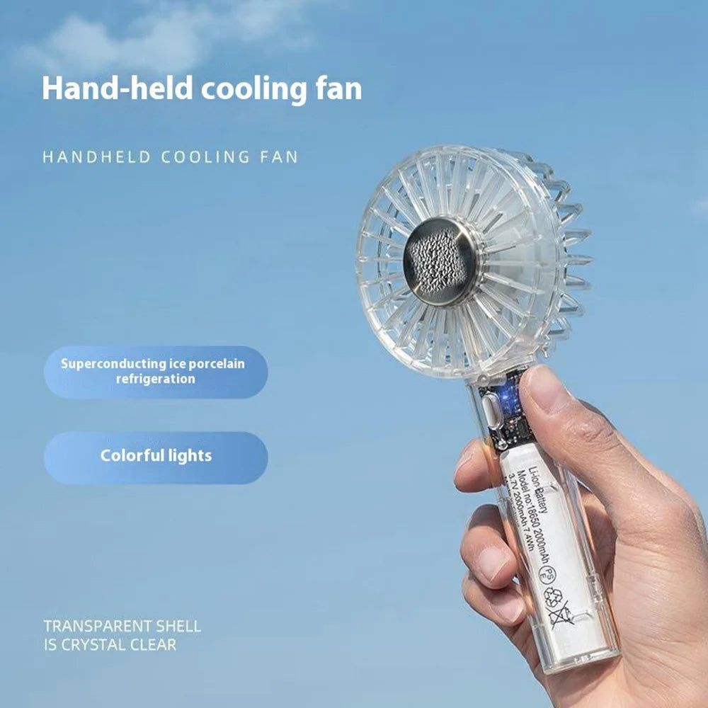 Desktop Mini Fan Portable Handheld Cooler with 3 Speed Settings  /  Colorful Atmosphere Light - Transparent White - 2
