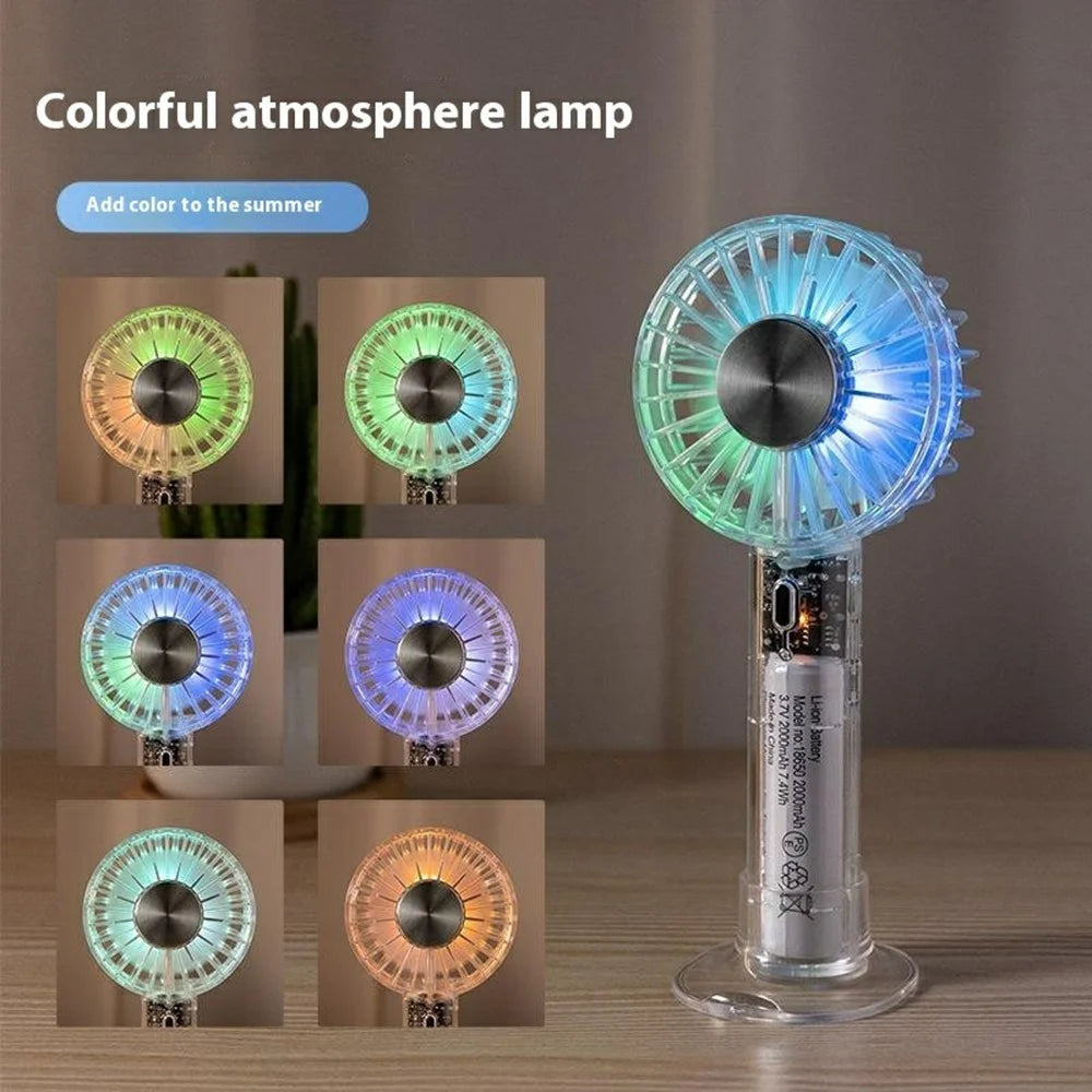 Desktop Mini Fan Portable Handheld Cooler with 3 Speed Settings  /  Colorful Atmosphere Light - Transparent White - 3