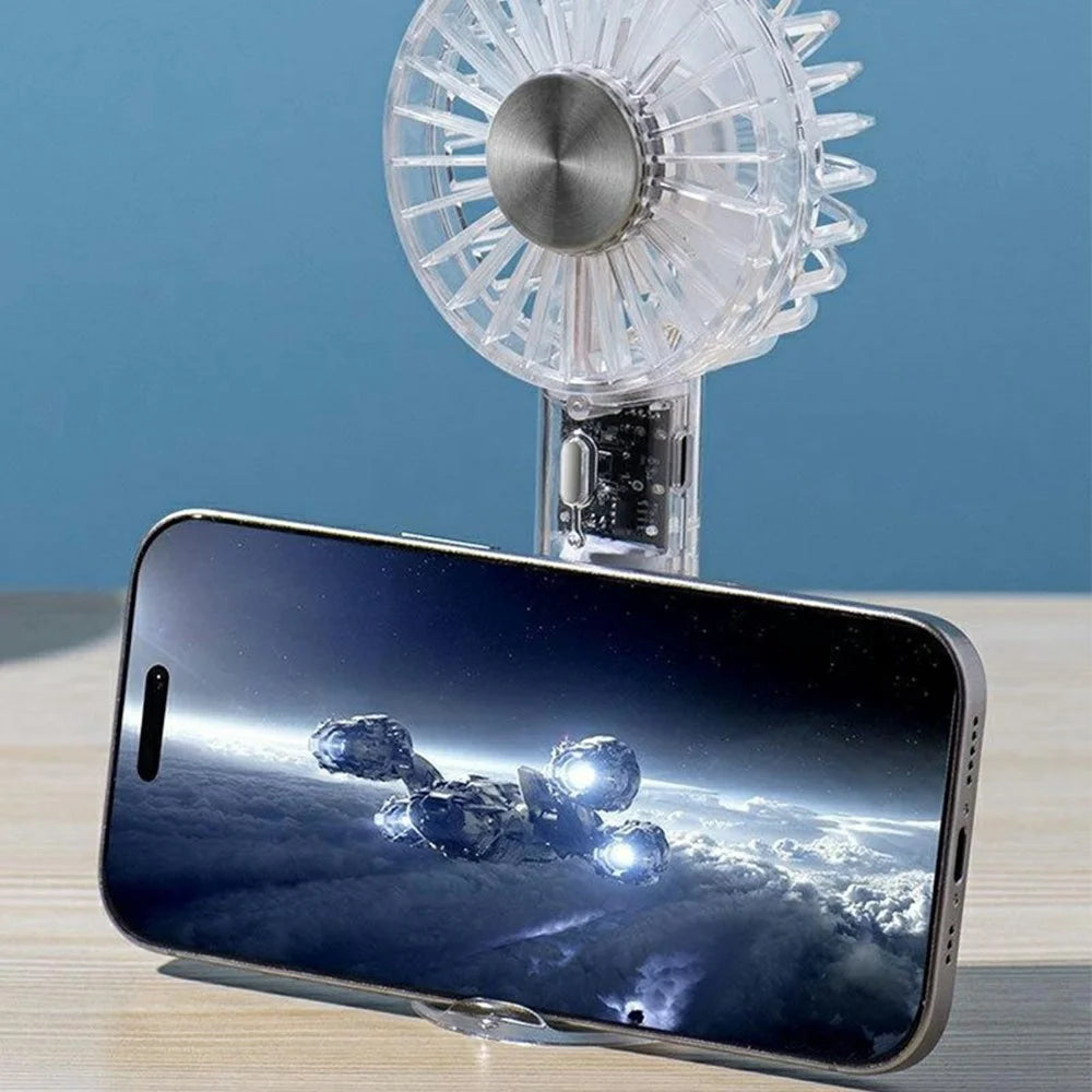 Desktop Mini Fan Portable Handheld Cooler with 3 Speed Settings  /  Colorful Atmosphere Light - Transparent White - 7