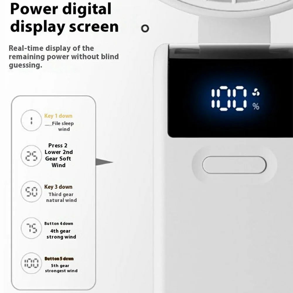 Handheld Ultra Thin Fan Rechargeable Desktop Folding Fan Digital Display Neck Hanging Mini Fan - White - 3