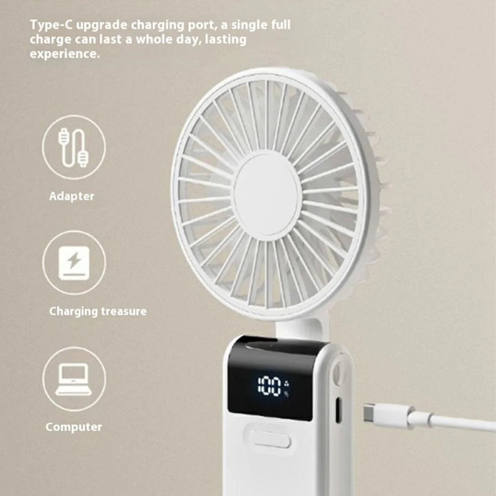 Handheld Ultra Thin Fan Rechargeable Desktop Folding Fan Digital Display Neck Hanging Mini Fan - White - 5