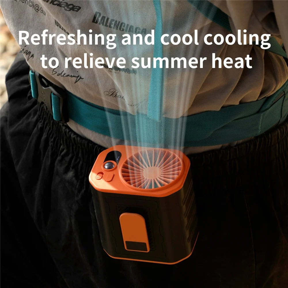 Portable Waist Fan Rechargeable 3 Speed Cooling Fan Power Bank with LED Flashlight - Black+Orange - 4