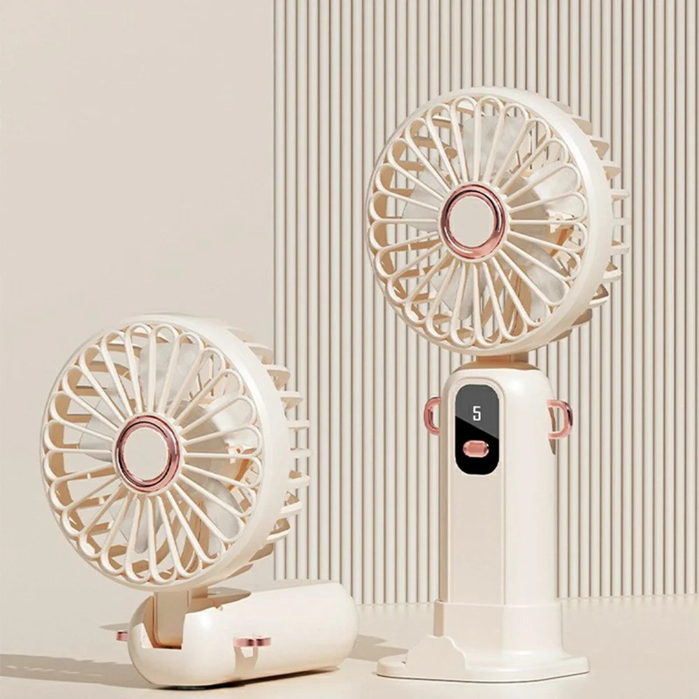 ZD01 LED Display Mini Handheld Fan 5 Speeds Adjustable Foldable Cooling Fan with Phone Holder - Beige - 1