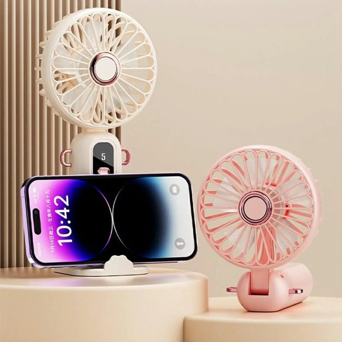 ZD01 LED Display Mini Handheld Fan 5 Speeds Adjustable Foldable Cooling Fan with Phone Holder - Beige - 2