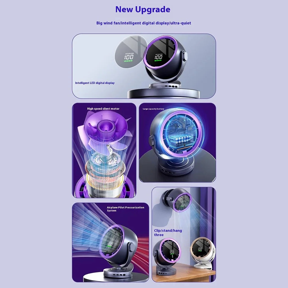 Desk Mini Fan with Clamp Digital Display Wall-Mount Cooling Fan Turbo High-Speed Circulating 100-Speed Adjustable - Purple - 2