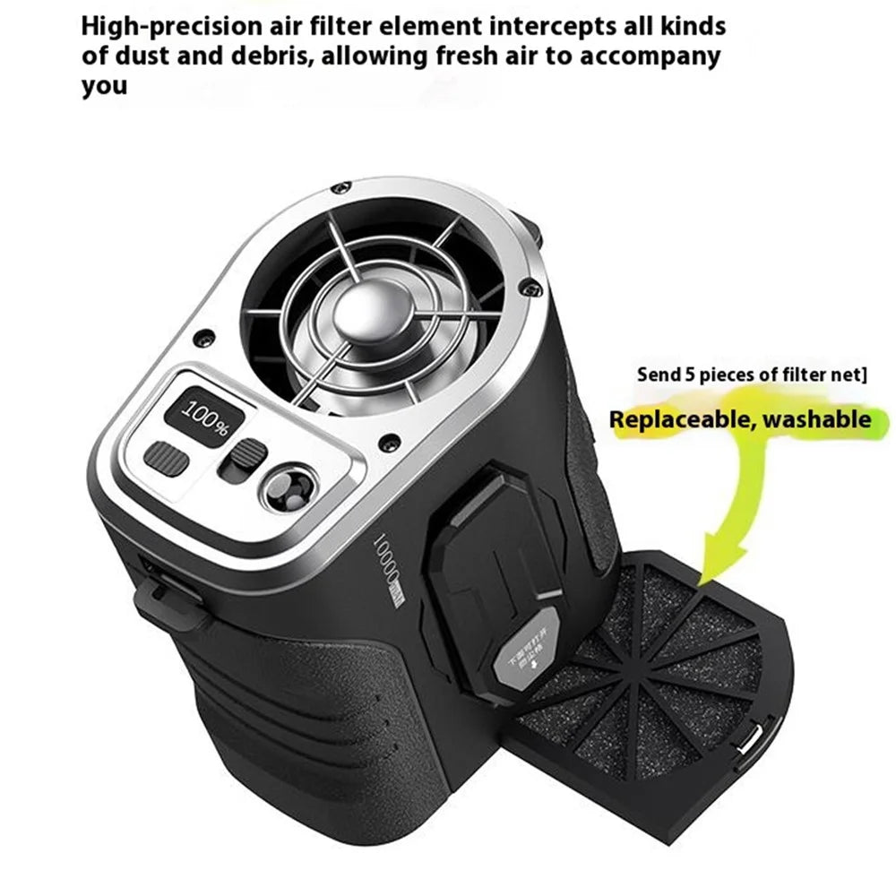 G10 Portable Waist Fan 5-Speed Settings Rechargeable Mini Clip-On Cooling Fan Power Bank with LED Light - Black  /  Silver - 2